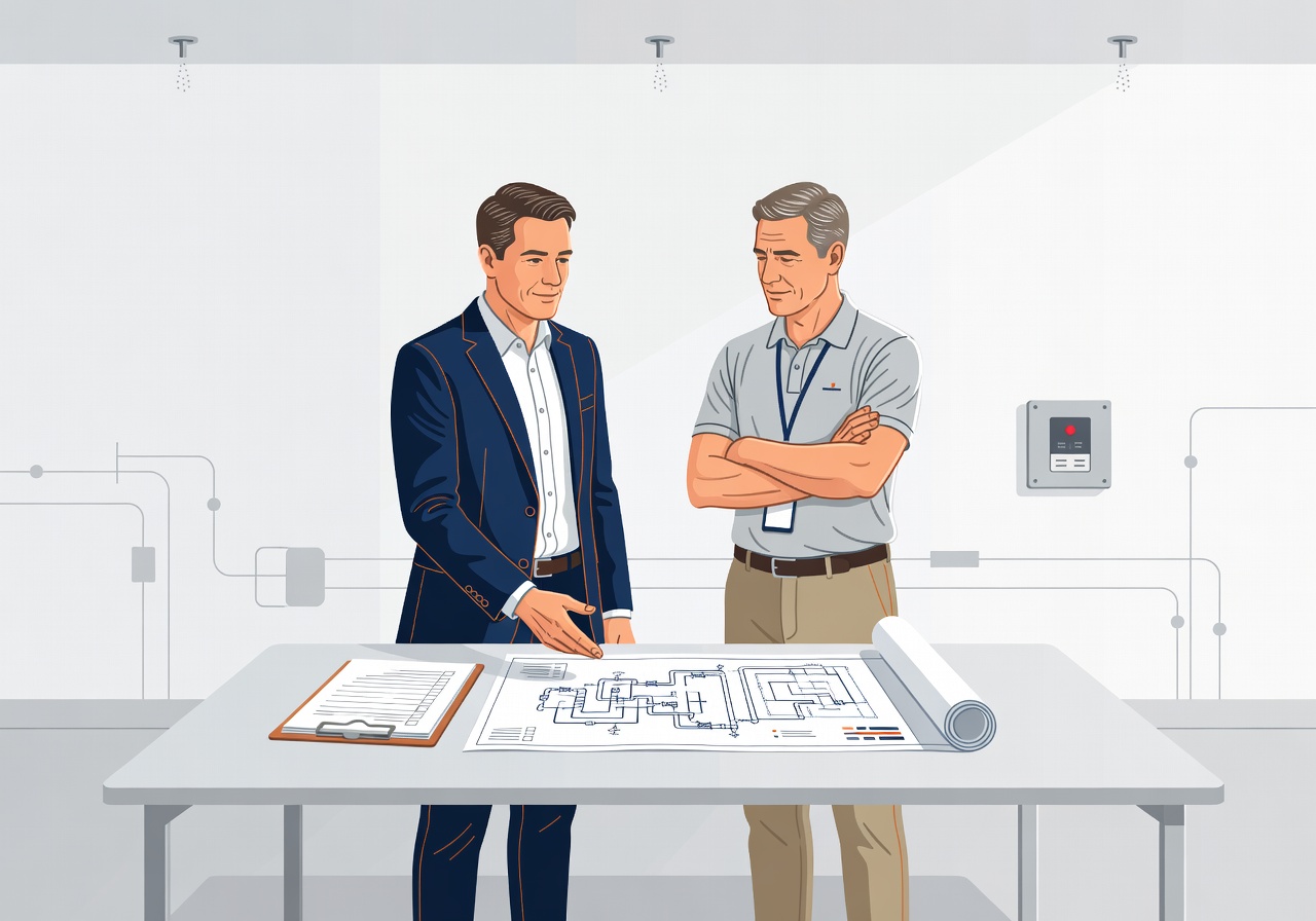 Fire protection professional meeting with a facility manager in a commercial property environment